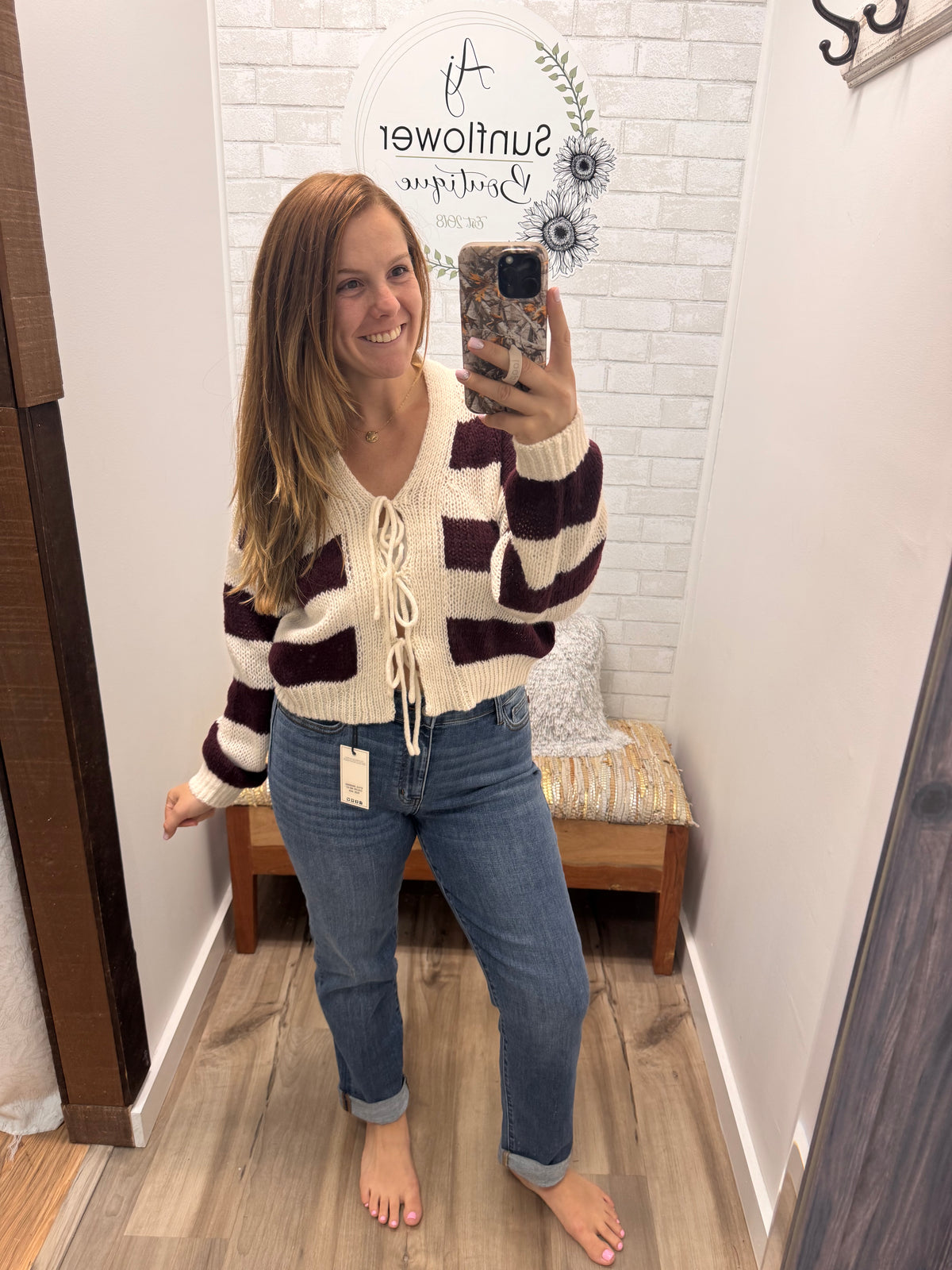 The Maggie Tie-Front Striped Cardigan - Merlot