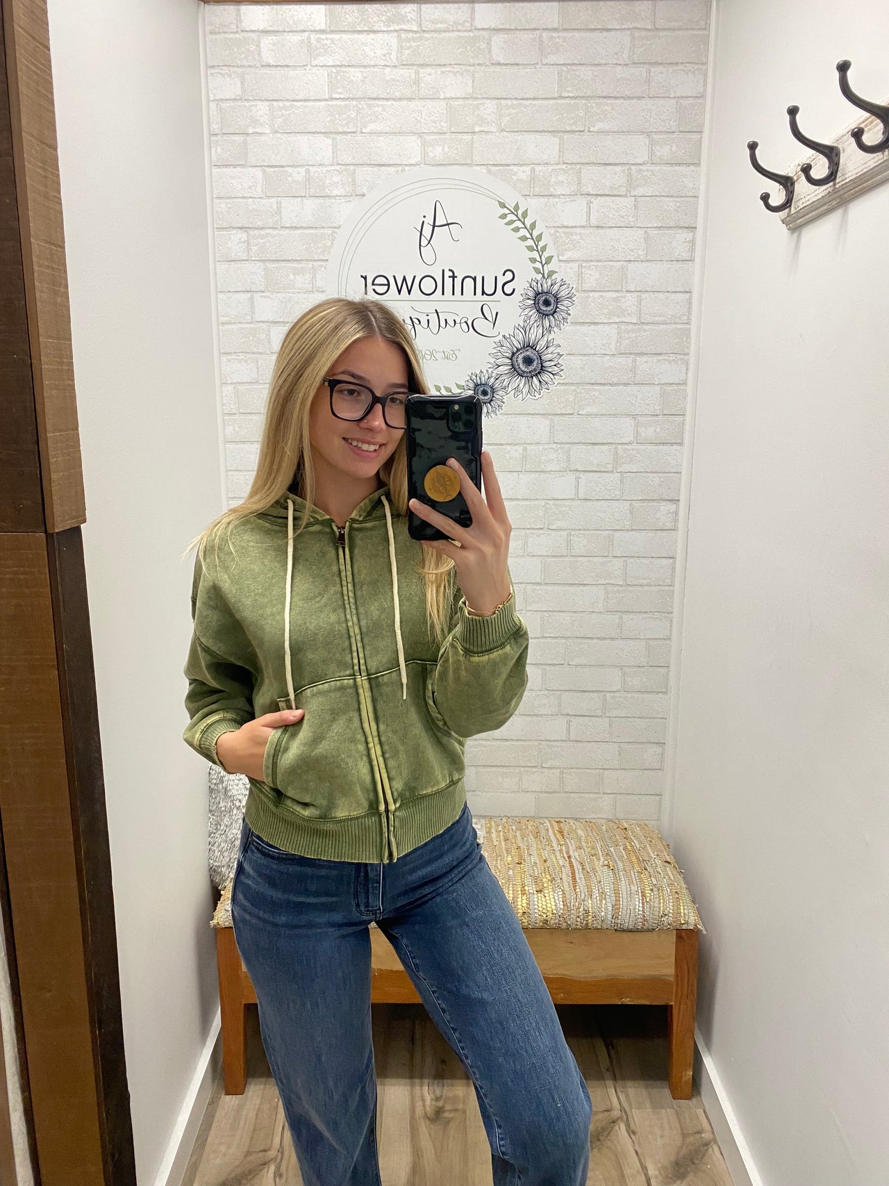 Vintage Vibes Fleece Zip Hoodie-Lt. Olive