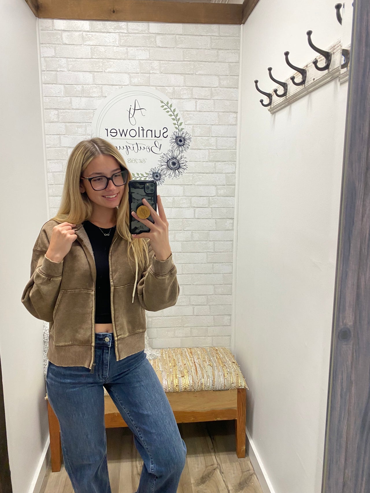 Vintage Vibes Fleece Zip Hoodie-Mocha