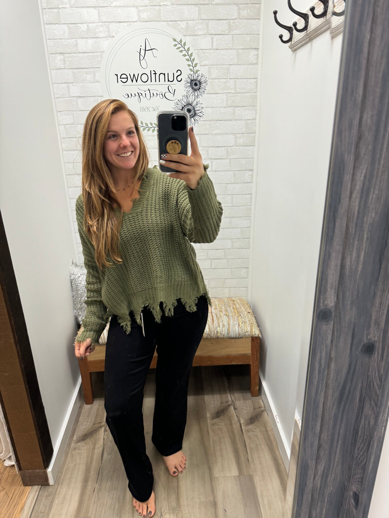 Worn-in Whispers  Distressed Sweater Olive