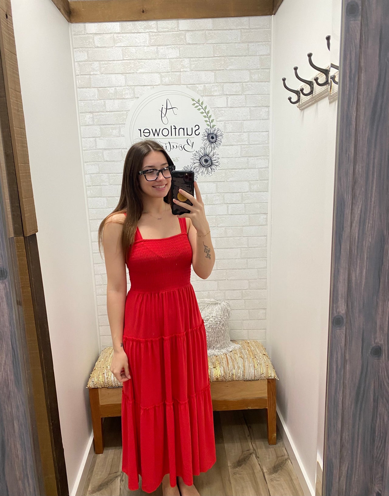 Sunset Stroll Smocked Midi Dress-Red