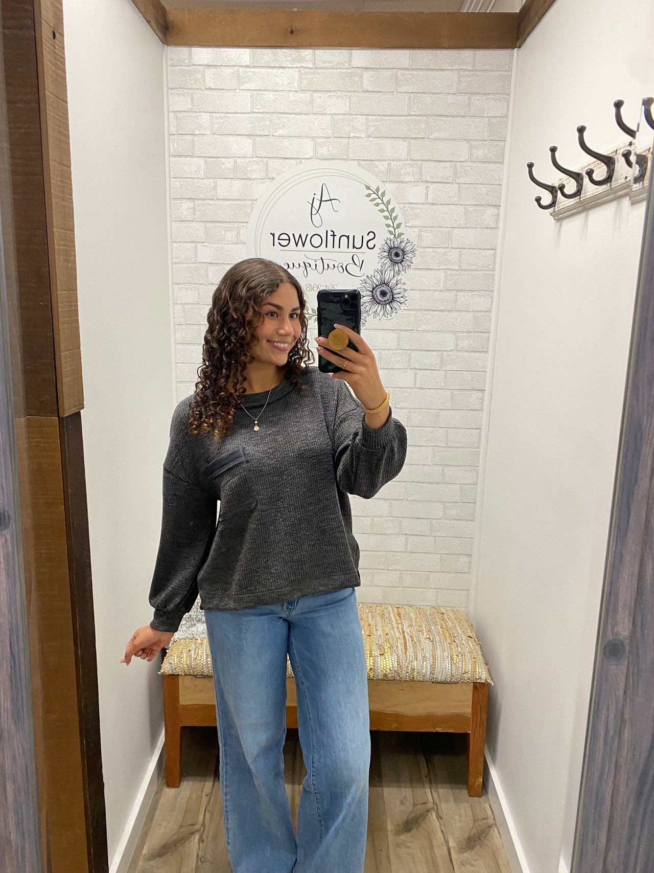 Lazy Sunday Waffle Top -Charcoal