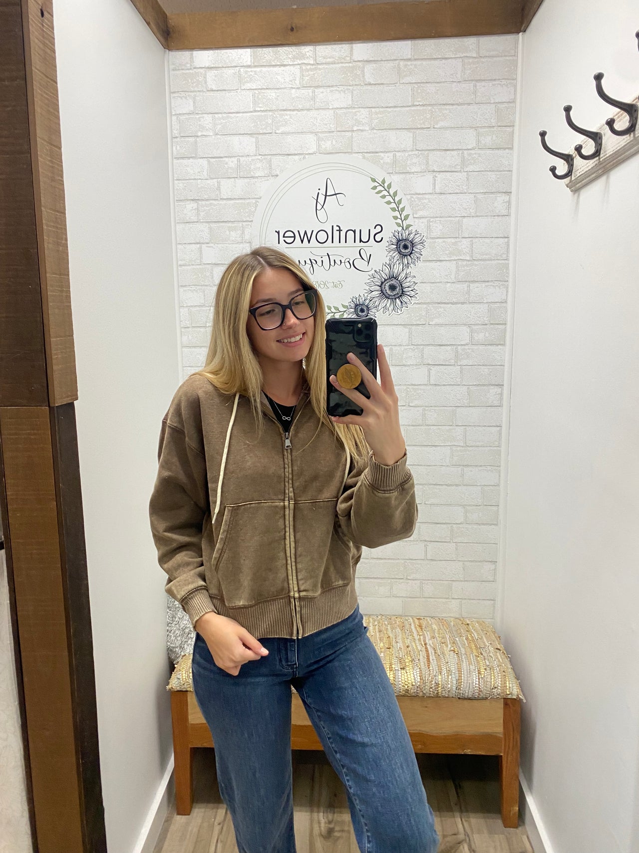 Vintage Vibes Fleece Zip Hoodie-Mocha