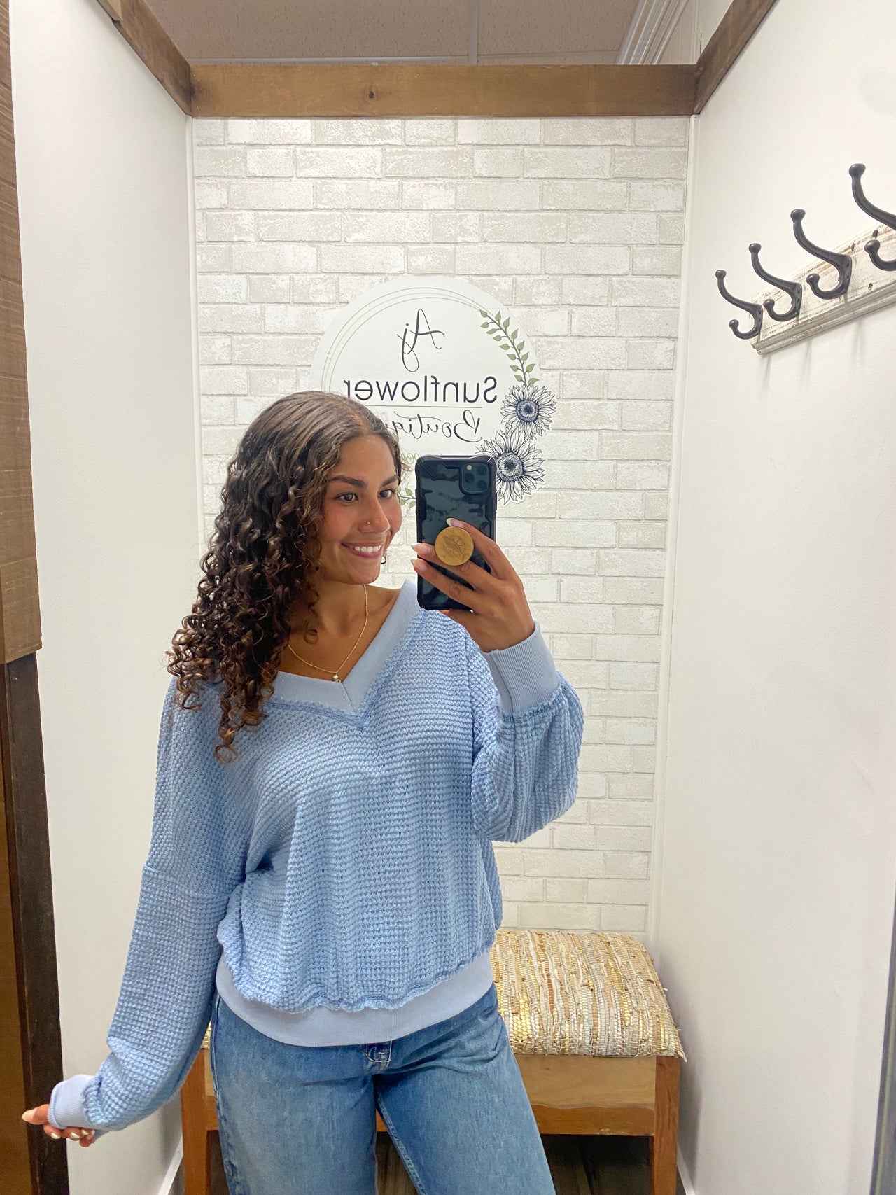 Falling For You Waffle Top - Denim