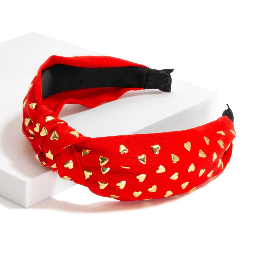 Knotted Headband Red with Gold Hearts
