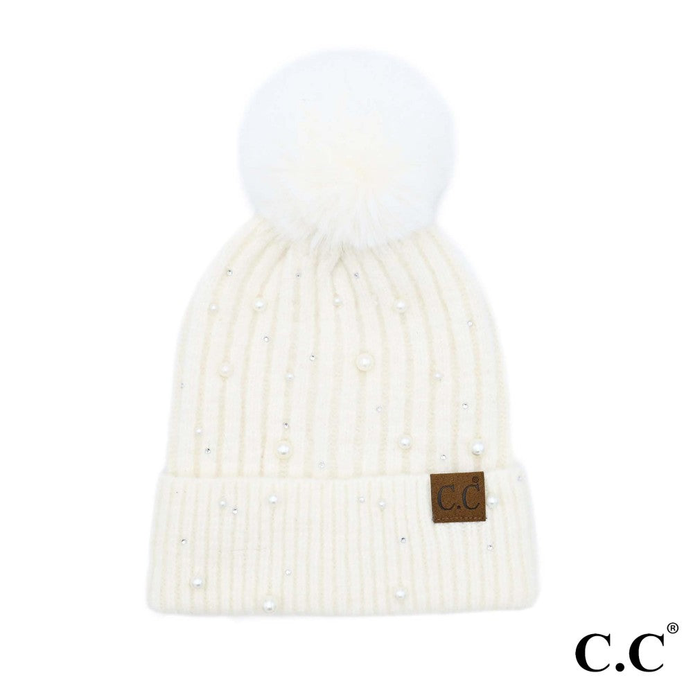 CC Pearl Pom Beanie -White