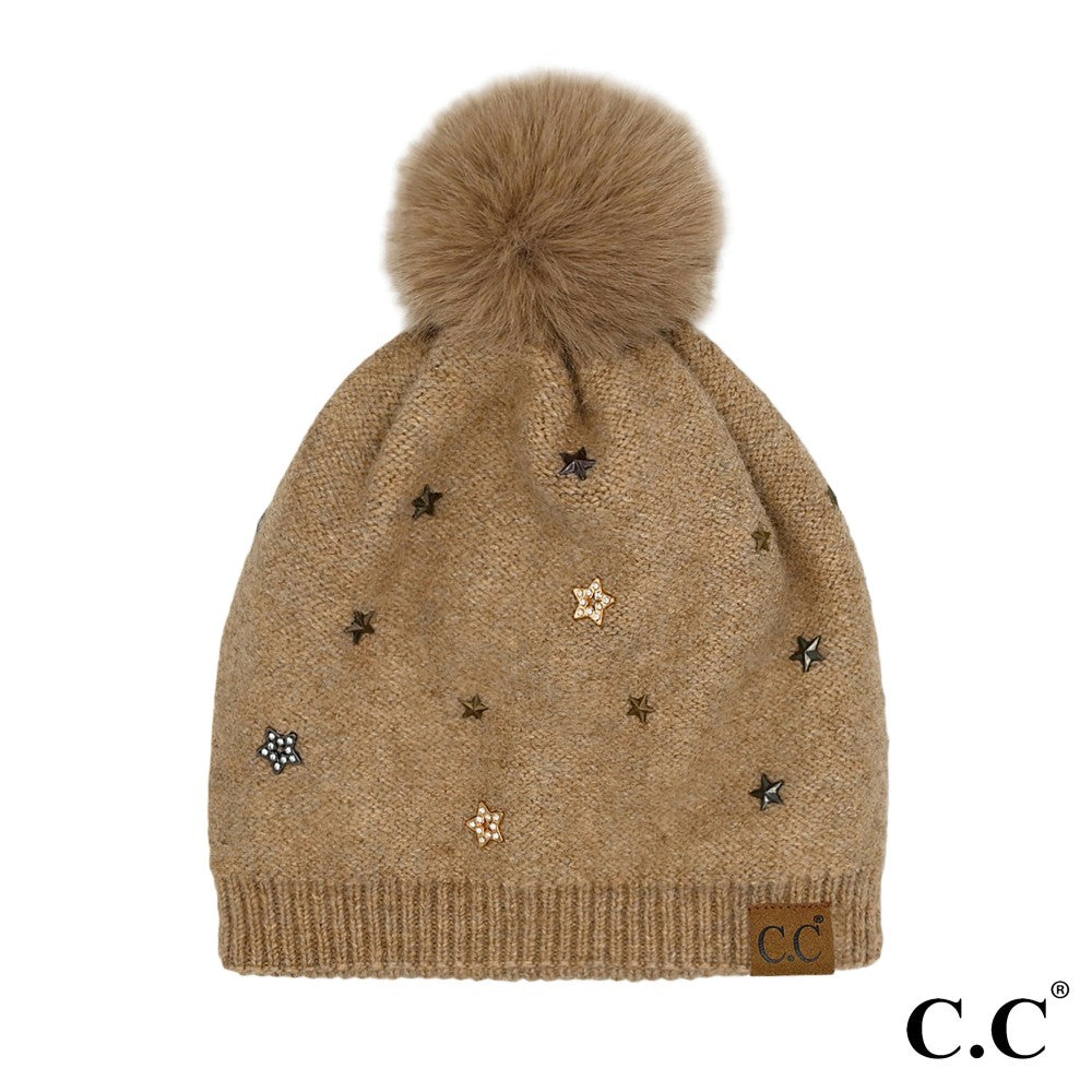 CC Star Studded  Pom Beanie - Tan