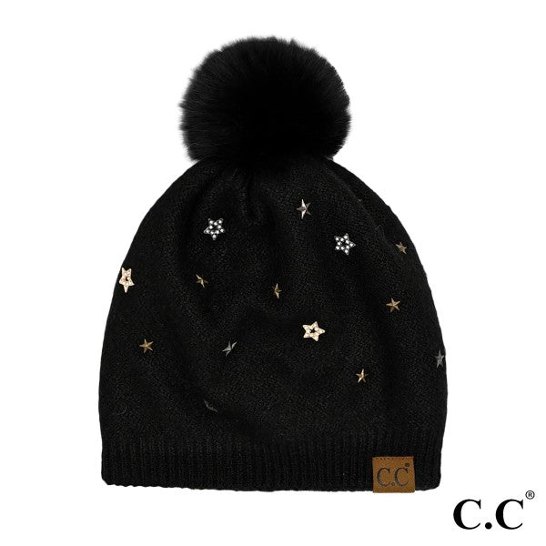 CC Star Studded  Pom Beanie - Black