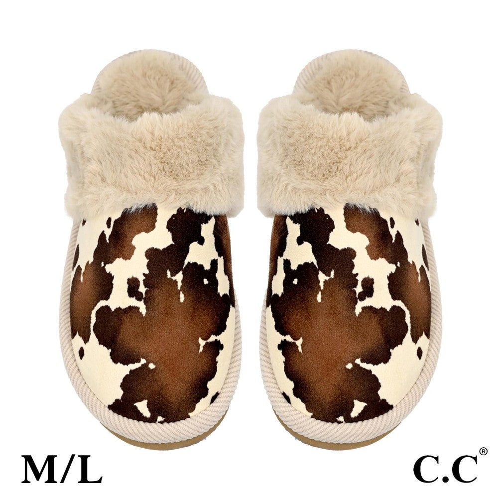 Cow Print Faux Fur Slippers