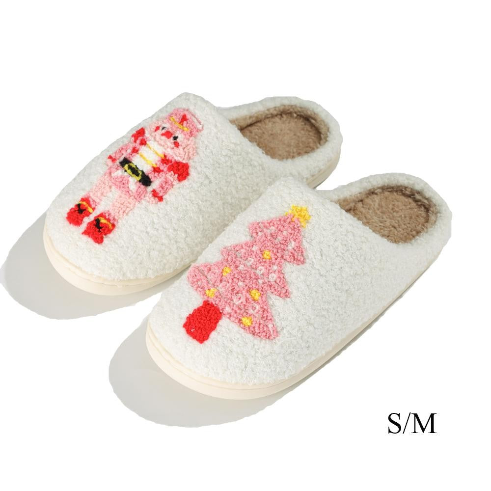 white slippers with nutcracker and Christmas tree