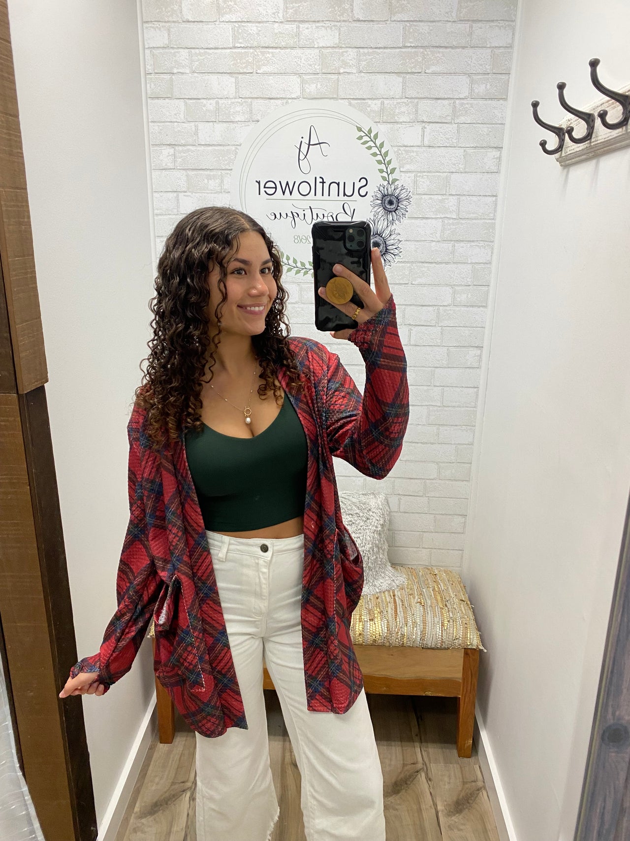 Fireside Plaid Waffle Cardigan-Red