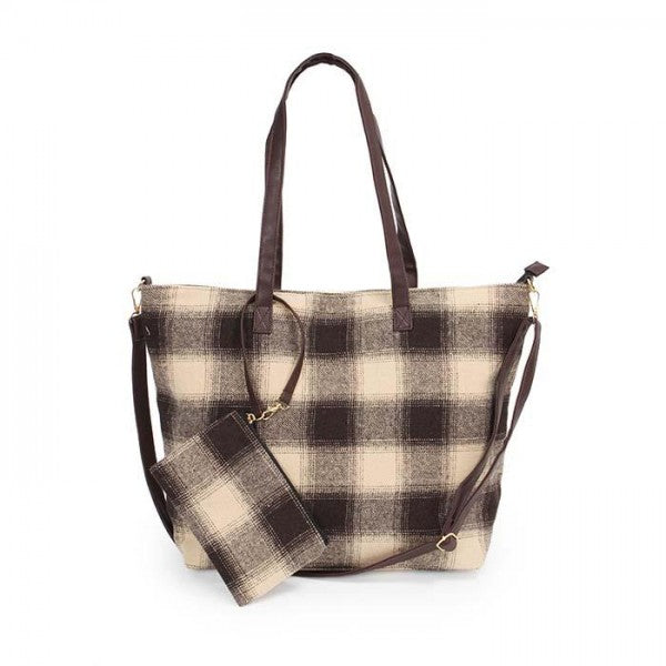 Autumn Leaves Plaid Tote Bag-Tan/Brown