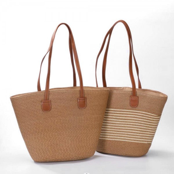 Woven straw tote bags with brown faux leather shoulder straps and structured shape