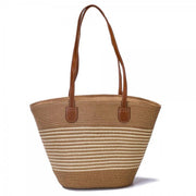 Woven straw tote bag with brown faux leather shoulder straps and structured shape