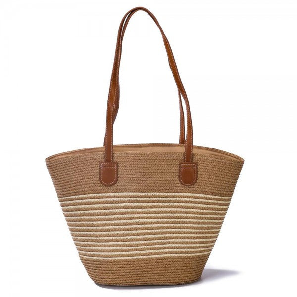 Woven straw tote bag with brown faux leather shoulder straps and structured shape