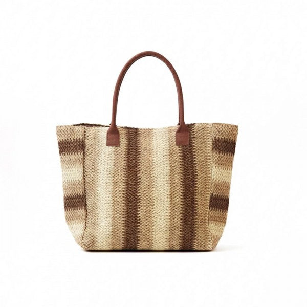 Woven straw tote bag with lattice texture and tan shoulder straps