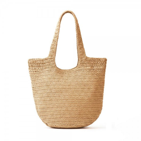 Round bottom woven straw tote bag with wide shoulder straps and natural finish