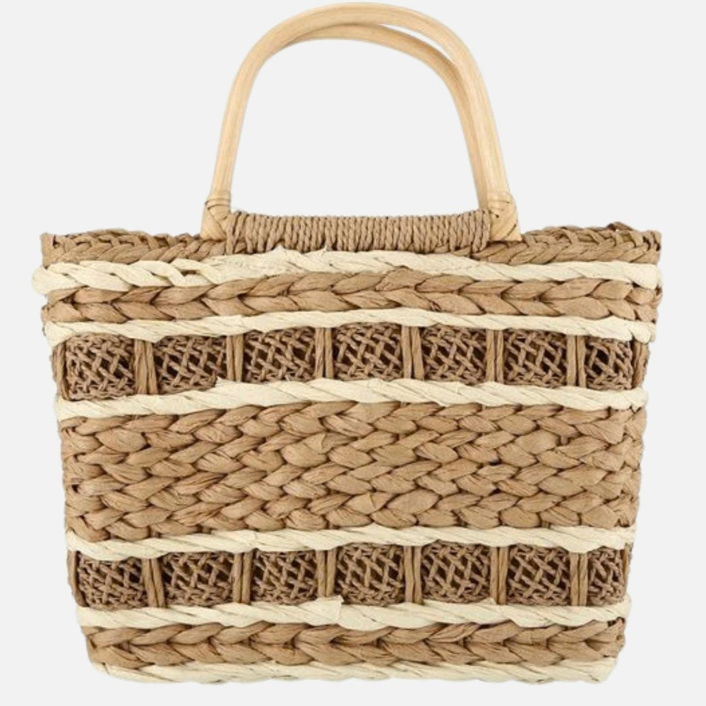 Woven basket with striped pattern on a white background