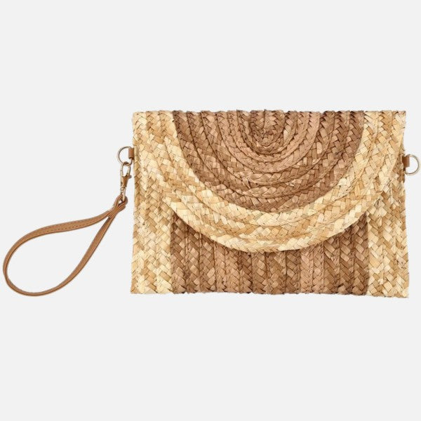 Multi-color woven straw wristlet bag with detachable crossbody strap and flap closure