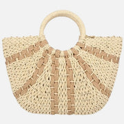 Woven straw tote bag with circular handle and fanned stripe pattern in neutral tones