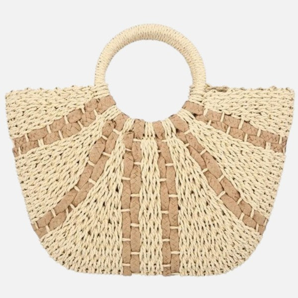 Woven straw tote bag with circular handle and fanned stripe pattern in neutral tones