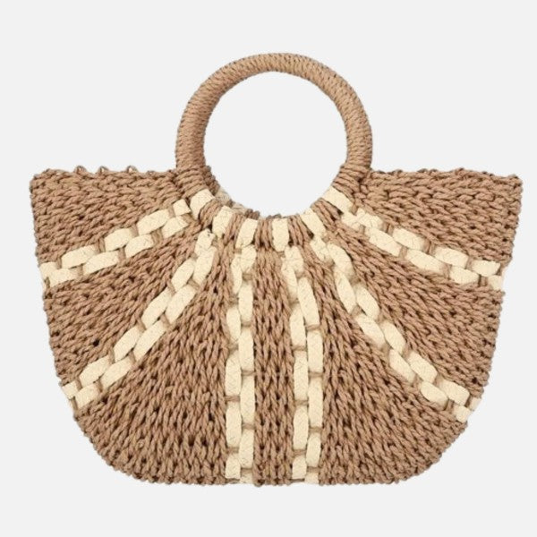 Woven straw tote bag with circular handle and fanned stripe pattern in neutral tones