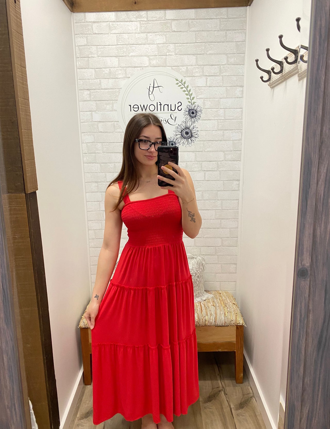 red smocked midi dress Malinda Ls Smocked Midi Dress- Red
