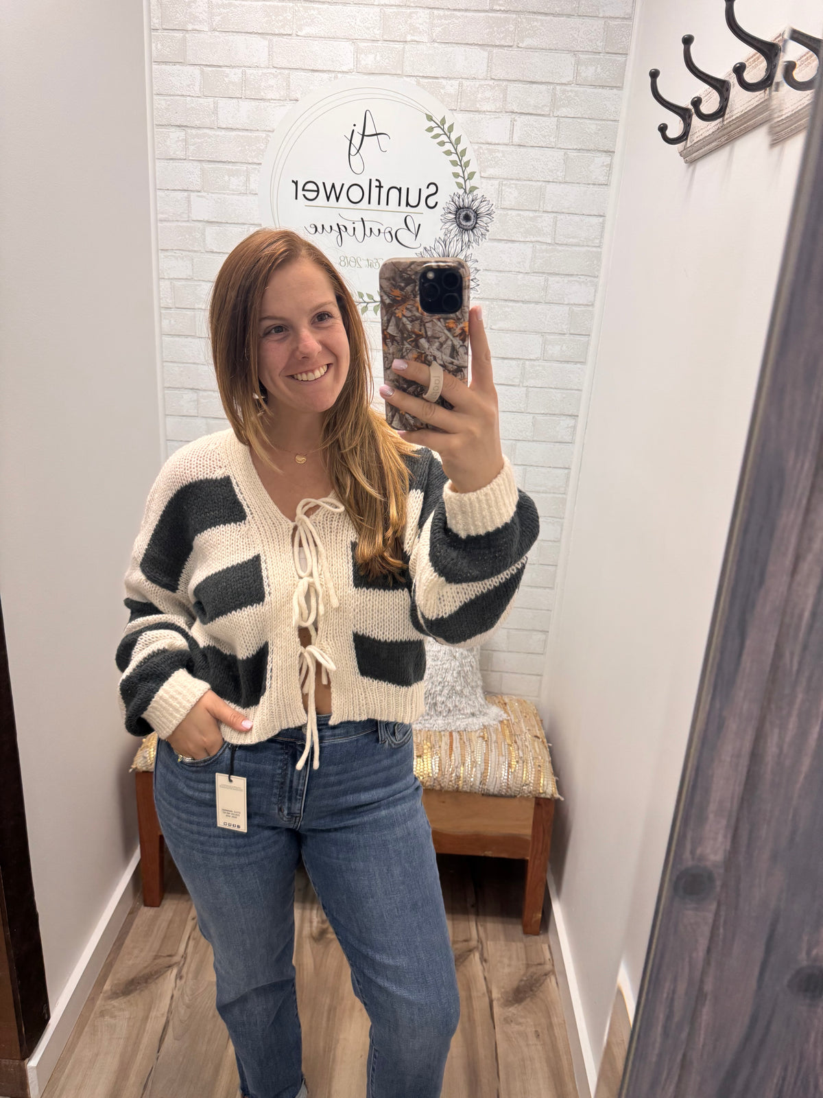 The Maggie Tie-Front Striped Cardigan - Charcoal