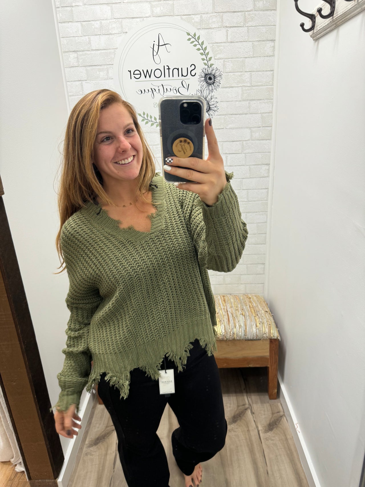 Worn-in Whispers  Distressed Sweater Olive