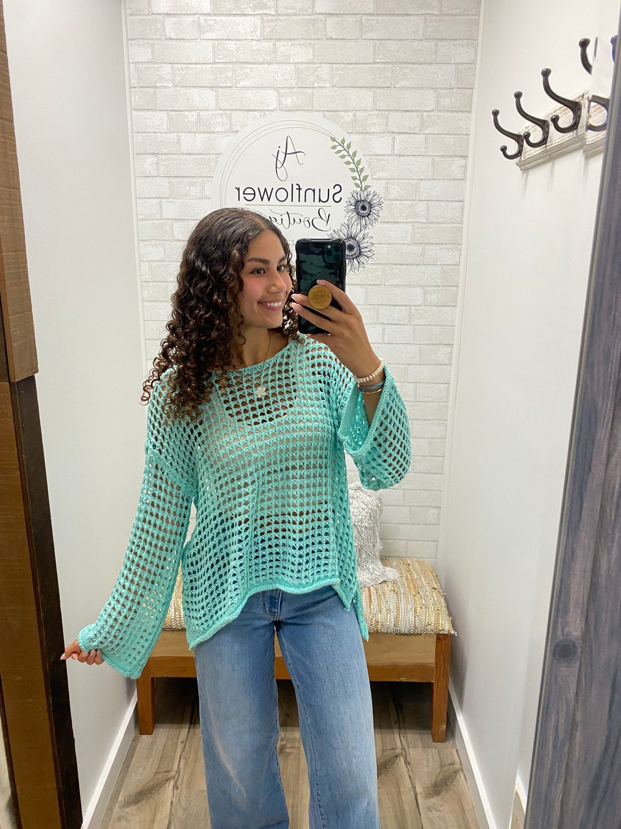 Coastal Breeze Mesh Knit Sweater-Sea Foam