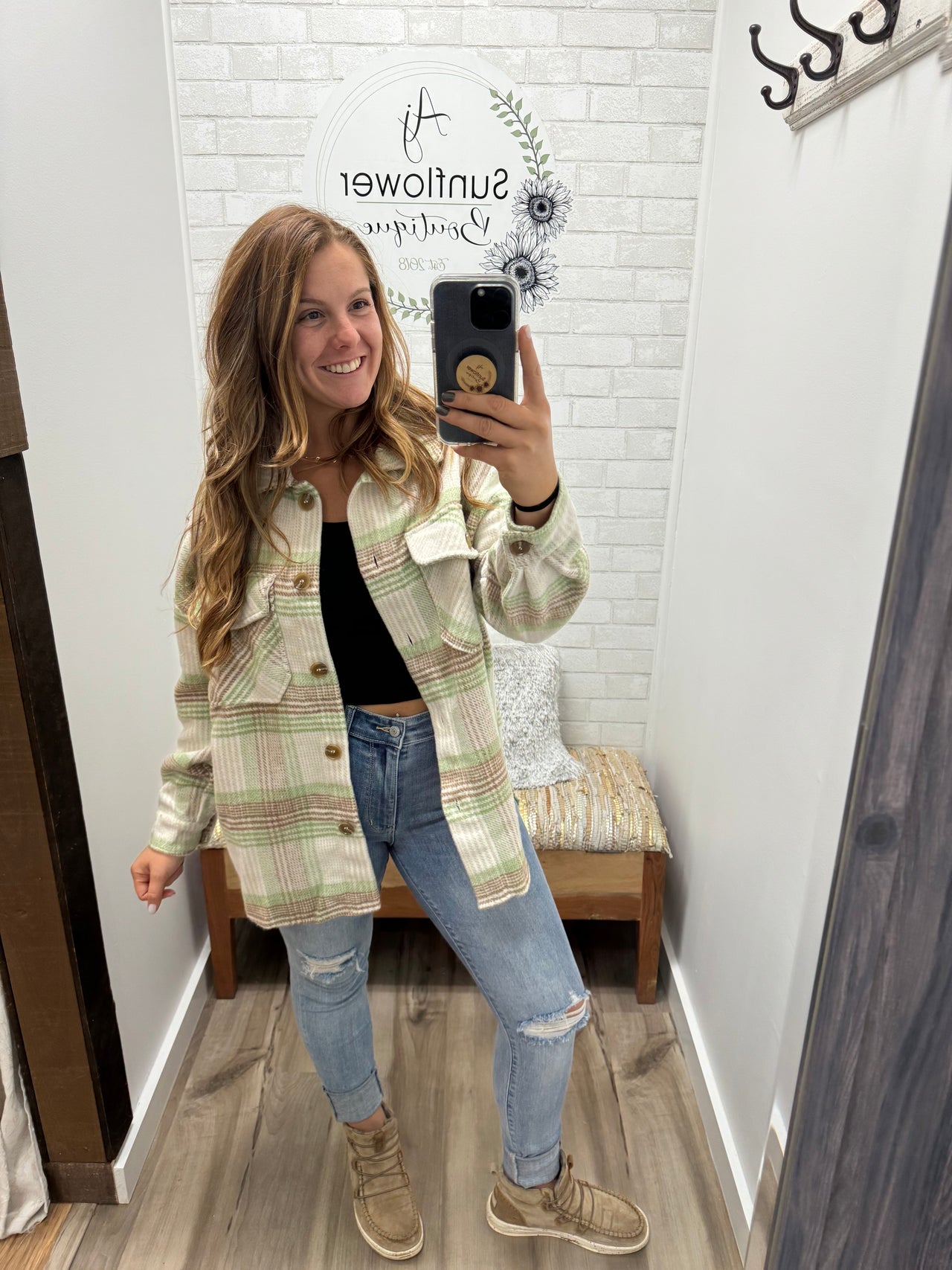 Fall Vibes Plaid Shacket- Taupe/Sage