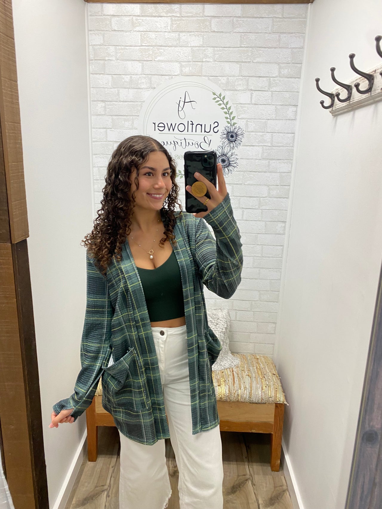 Fireside Plaid Waffle Cardigan-Green