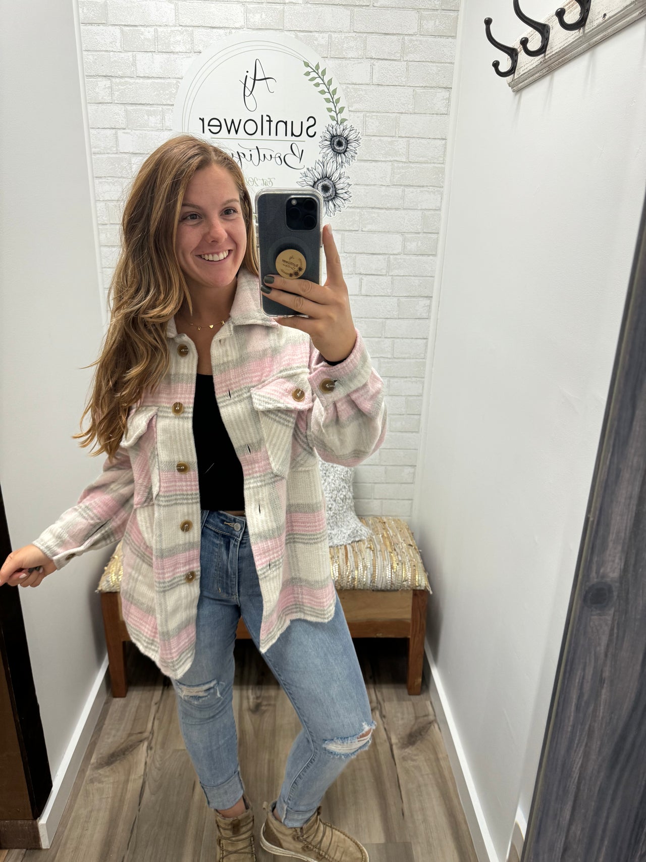 Fall Vibes Plaid Shacket- Taupe/Pink