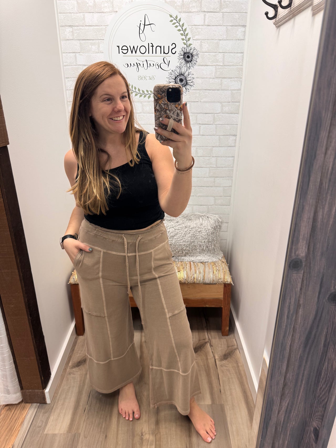 Fresh Start French Terry Wide Leg Pants-Tan