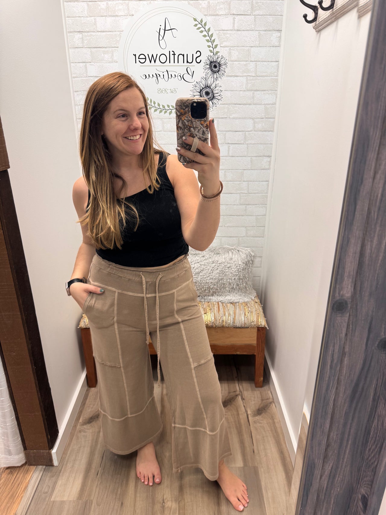 Fresh Start French Terry Wide Leg Pants-Tan