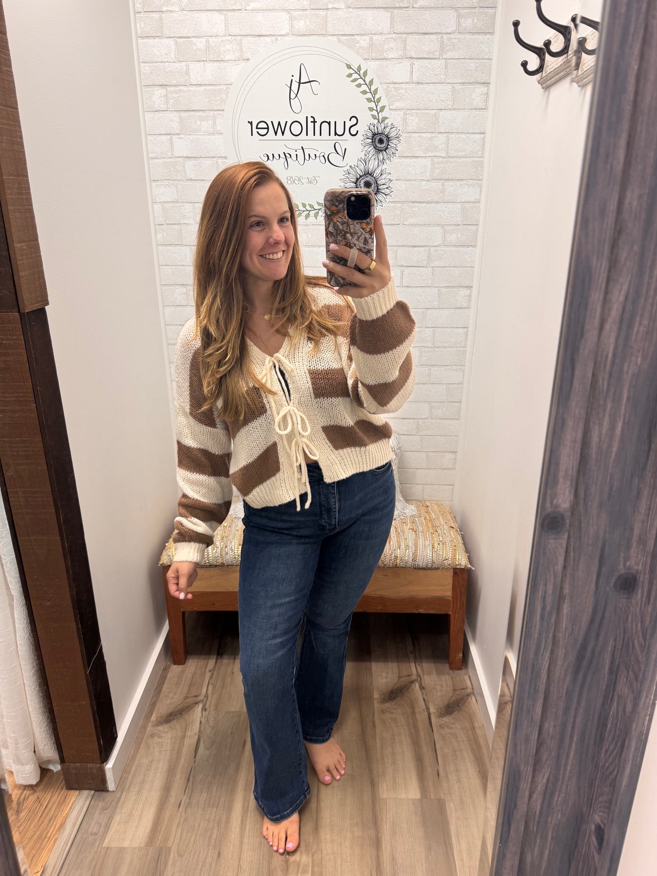 The Maggie Tie-Front Striped Cardigan - Brown