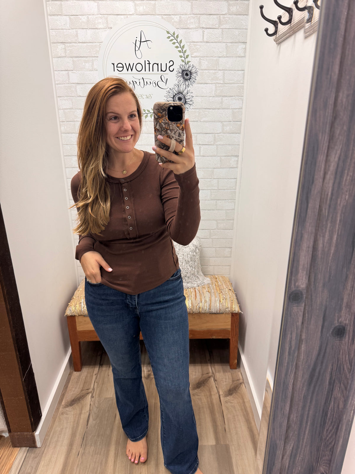 Brynn Button Henley -Brown
